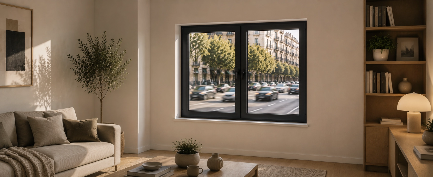 Ventanas de aislamiento acústico instaladas en una vivienda de Barcelona para reducir el ruido del tráfico y mejorar el confort.